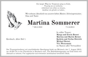 Traueranzeige von Martina Sommerer von Pegnitz-Zeitung